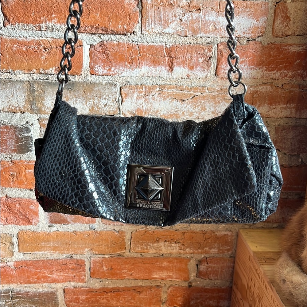 Kenneth Cole Reaction Black Textured Shoulder Bag Clutch with Chain Strap